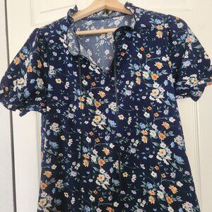 Women's Blue Floral Print s/s blouse, Size L